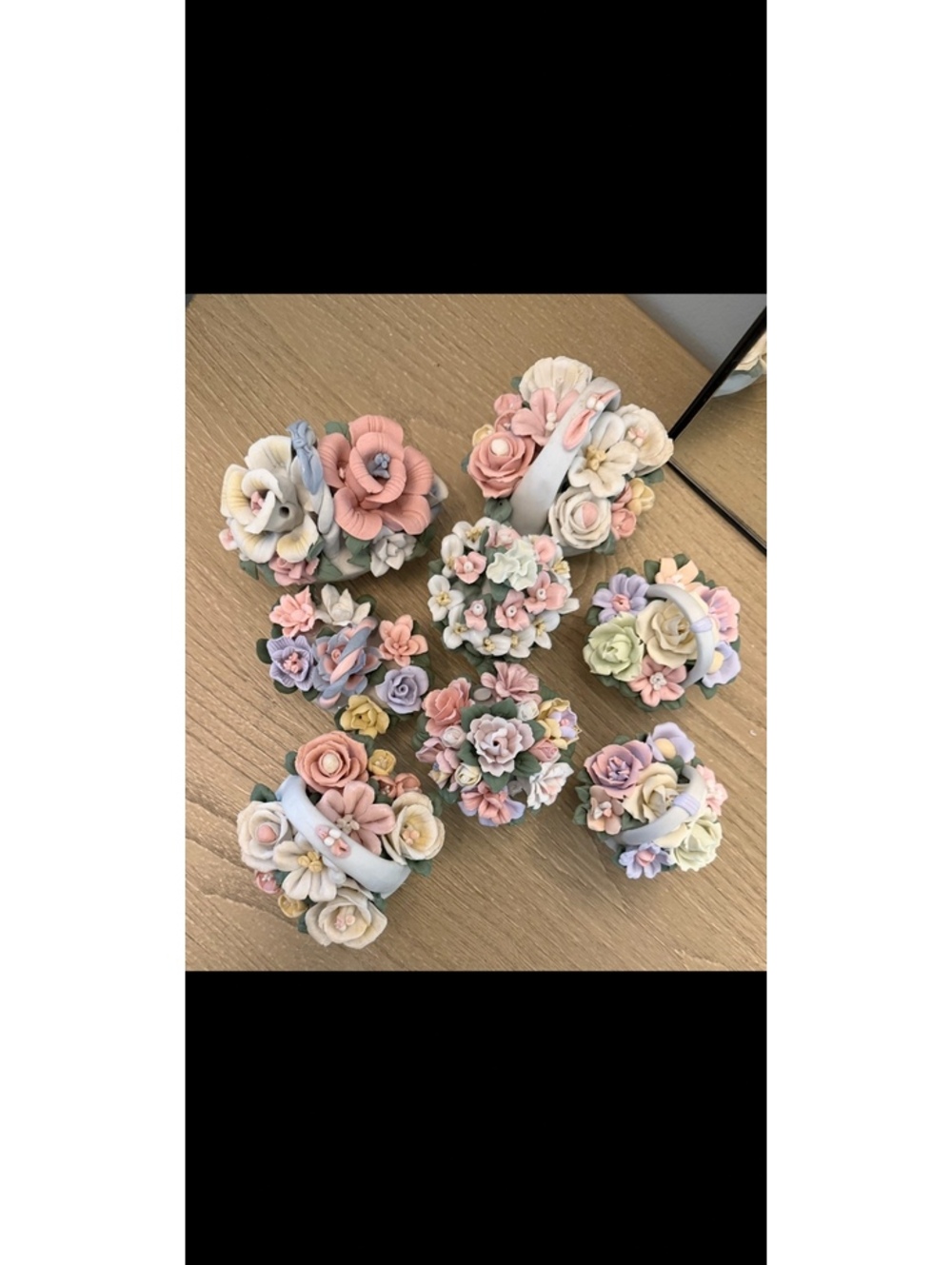Handmade Ceramic Flower Bouquet set of 8 Ornaments - Pastel Colors